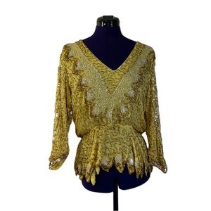 Vintage Yellow Gold Beaded Long Sleeve Top